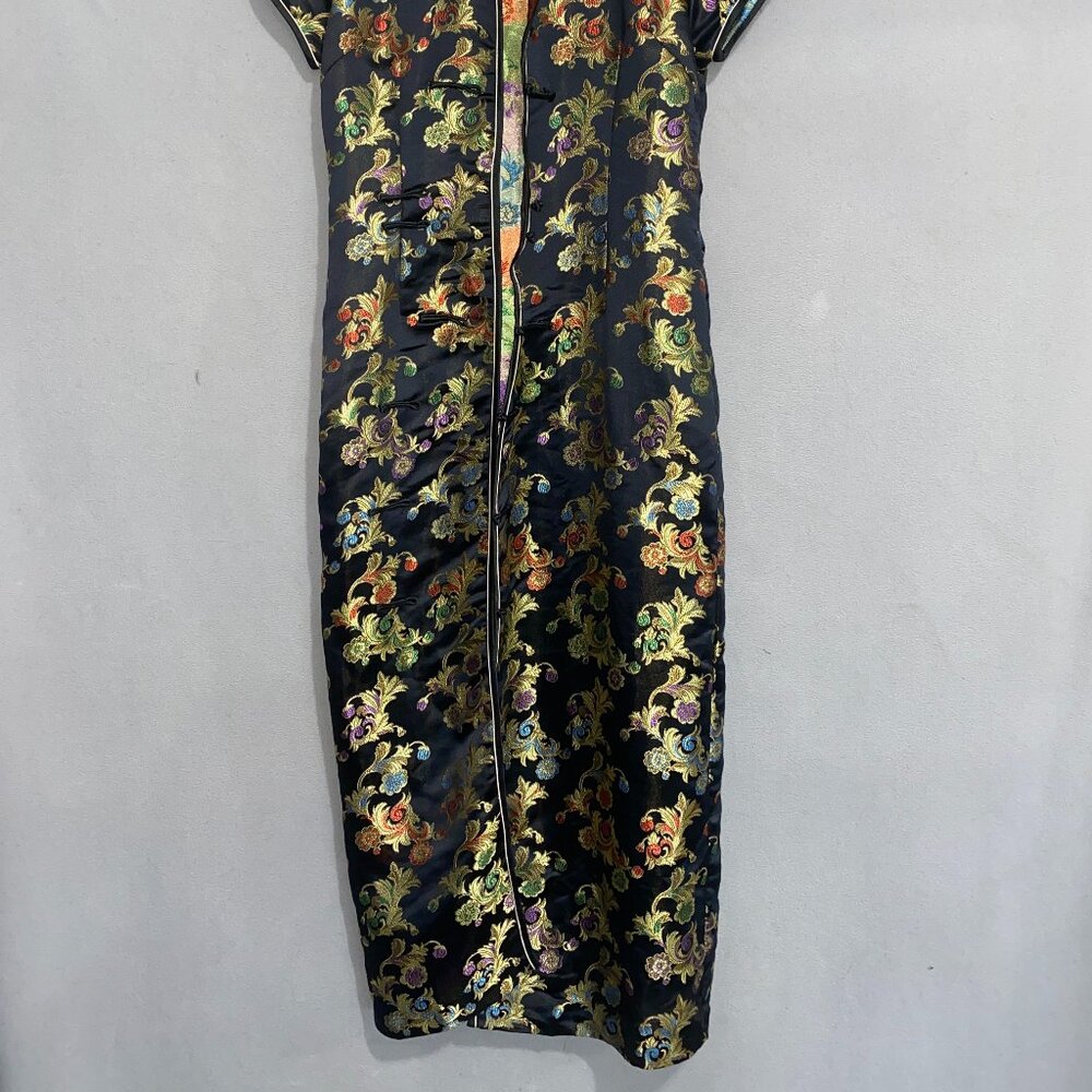 Brocade Cheongsam Qipao Dress Black Gold Floral Mandarin Collar M - Picture 8 of 9